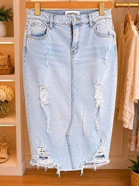 Distressed Light Blue Denim Maxi Skirt